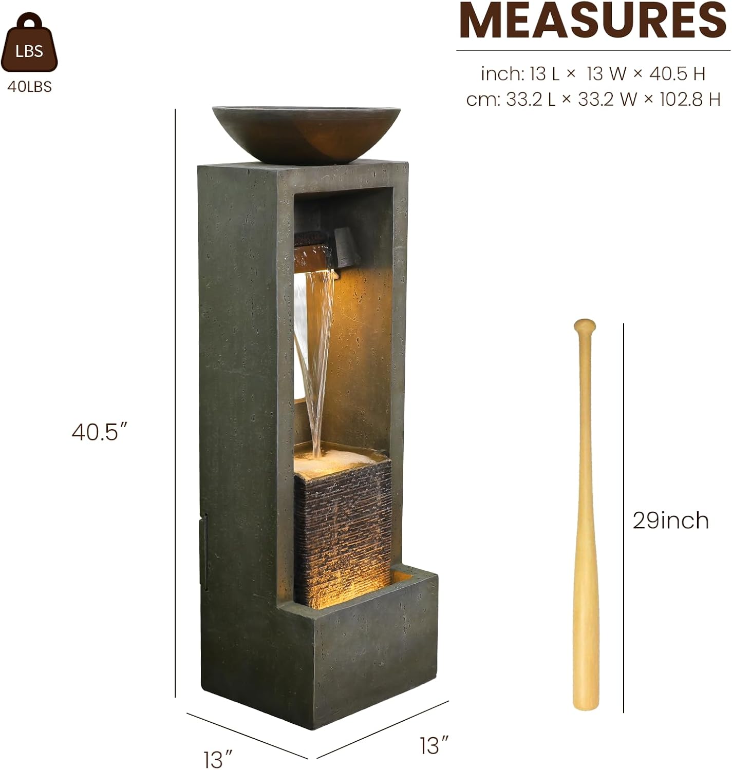 Outdoor Water Fountain Jar Water Feature for Garden Floor Standing Fountains Resin Cascading Waterfall with Pump and Lights for Patio Yard Deck Home Decor, 41 inches Tall