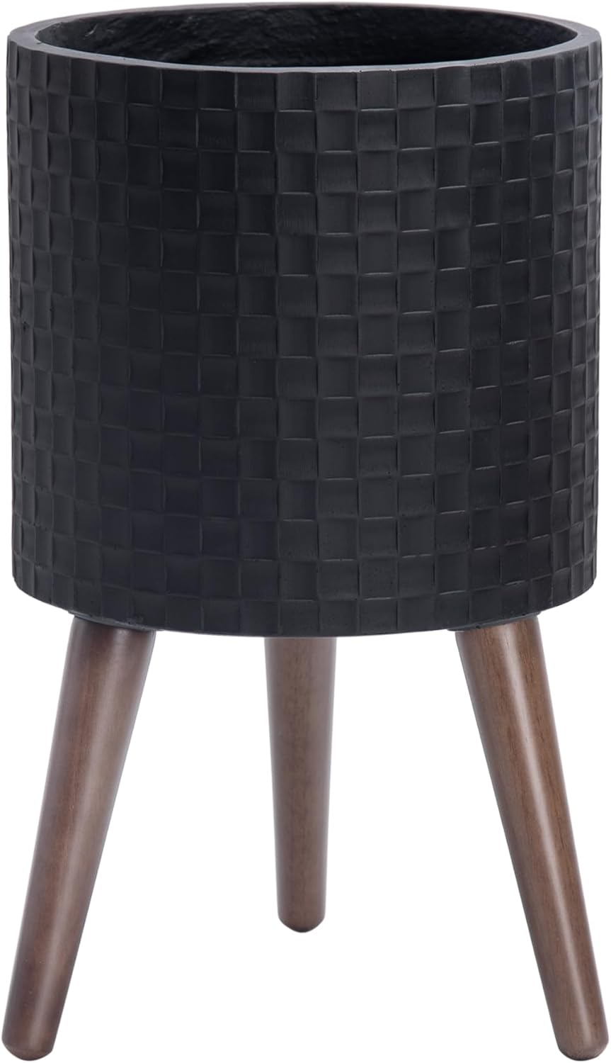 D'vine Dev 10 Inch Modern Geometric Tile Patterned Sleek Planter Pot with Stand, Indoor Outdoor Decorative Plant Holder, Matte Black, 88-Z-B-2