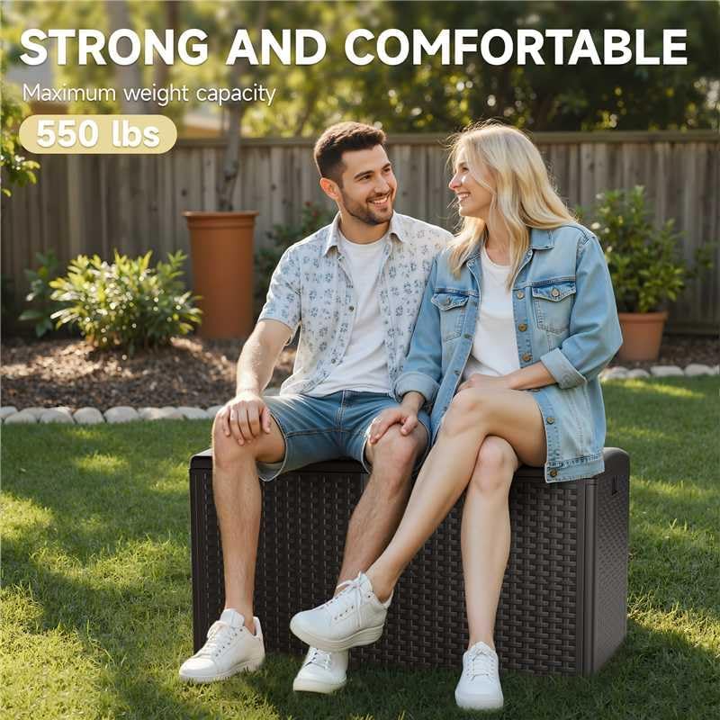 73 Gallon Deck Box, Double Layer Waterproof Resin Outdoor Indoor Storage Box, Lockable & UV Resistant Storage Bin for Patio Furniture, Garden Tools, Pool Accessories (Brown)