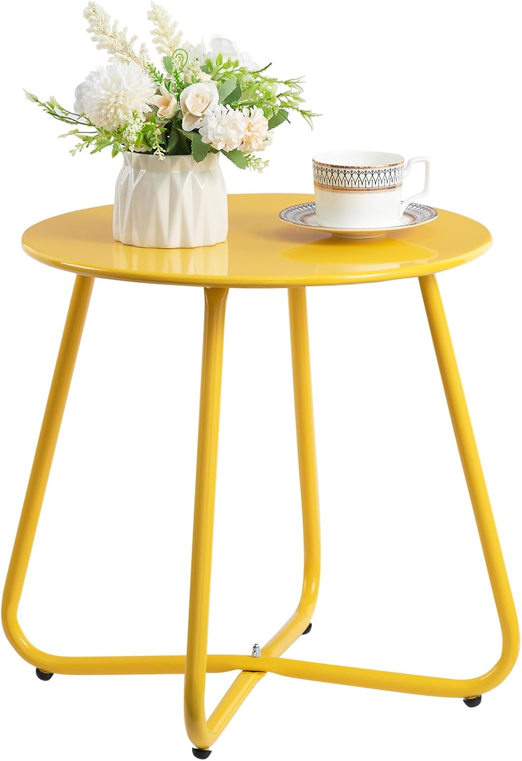 HollyHOME Round Metal Side Table, Rust-Resistant Patio Small Plant Stand, Outdoor 17.32'' Portable End Table for Balconies, Gardens, Living Rooms and Bedrooms, Yellow