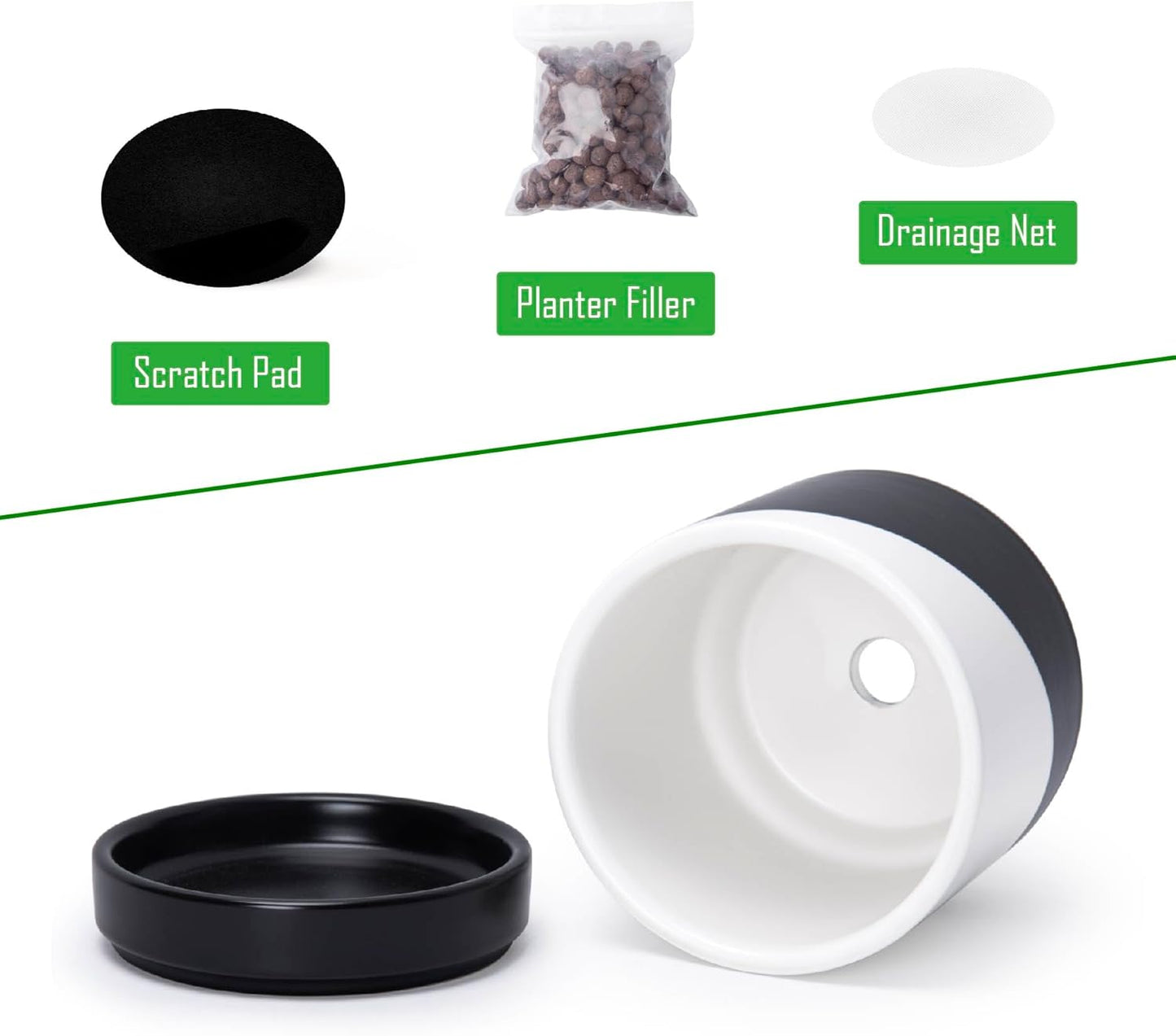 D'vine Dev 4.7 Inch Ceramic Planter Pot with Drainage Hole and Saucer, Indoor Cylinder Round Planter Pot, Oblique Monochrome Black and White, 94-O-B-K