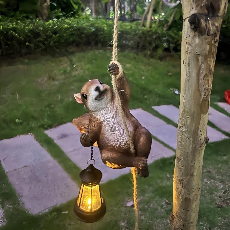 Squirrel Garden Decor Outdoor Statues Resin Climbing Twine with LED Light Waterproof Hanging Animal Figurine for Garden Wall Balcony Tree Decoration Gift