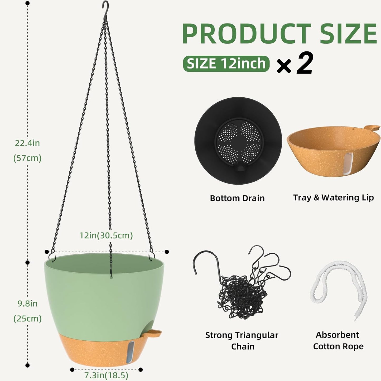 ZMTECH 12 Inch Hanging Planters for Indoor Outdoor Plants, 2 Pack Self Watering Hanging Plant Pots with Drainage Hole, Visual Reservoir, Plastic Flower Hanging Pots with Watering Lip (Green)