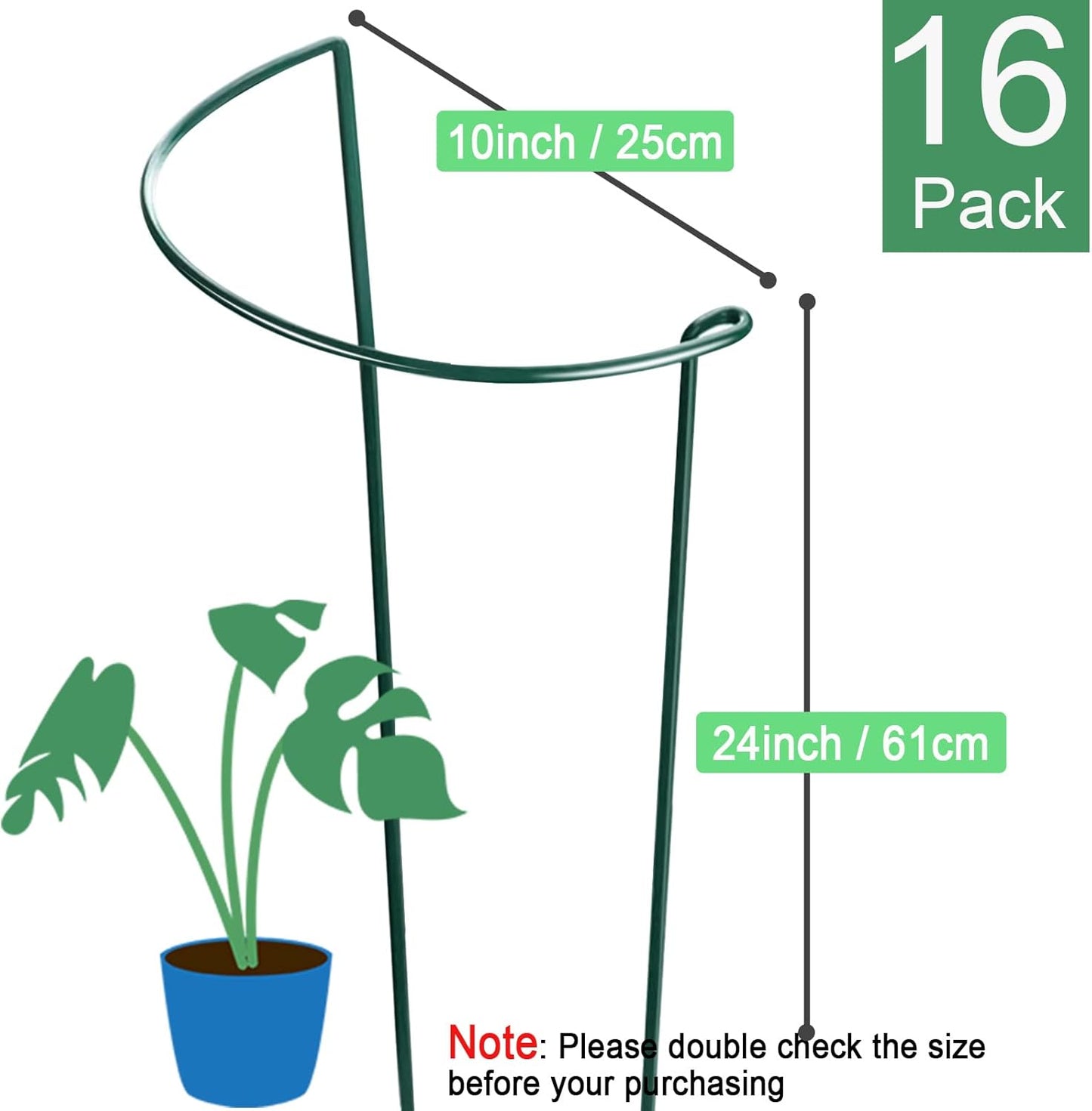 HiGift 16 Pack 24 Inch Plant Support Stakes, 10" Wide x 24" High Half Round Metal Garden Plant Stake Peony Support Cage, Green Plant Support Ring Border for Tomato,Hydrangea,Flower Indoor Outdoor