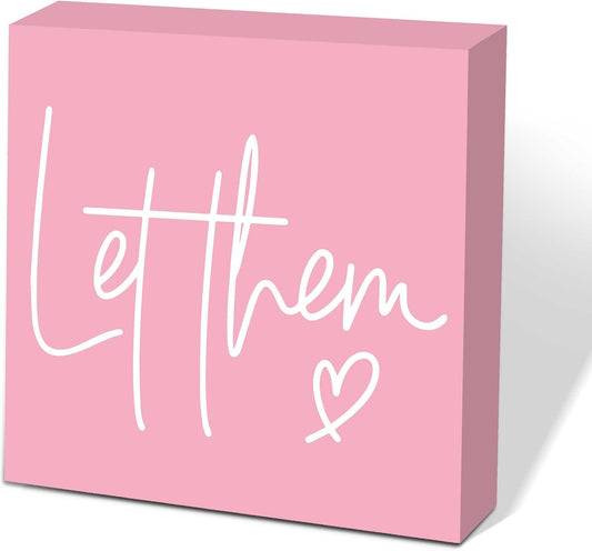 Let Them Wooden Sign, Pink Office Decorations for Work, Let Them Mental Health Rustic Wood Box Signs 5x5 Inch, Desk Shelf Tabletop Decor for Home Cubicle Decor, Office Gifts for Coworkers Women, 20