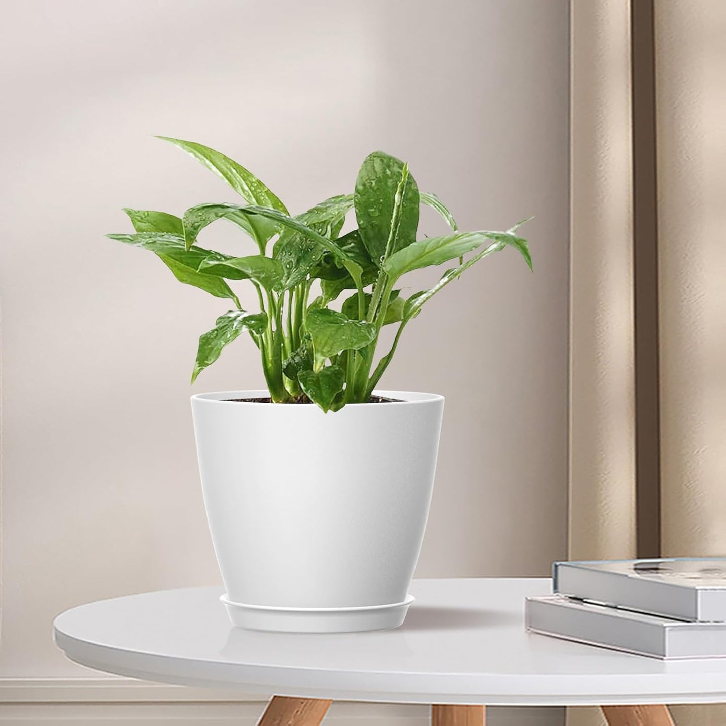 8 Pack 4 Inch Plant Pots with Drainage Holes and Saucers, Pots for Plant Indoor, Plastic Planters for Succulents and Small Plants, White