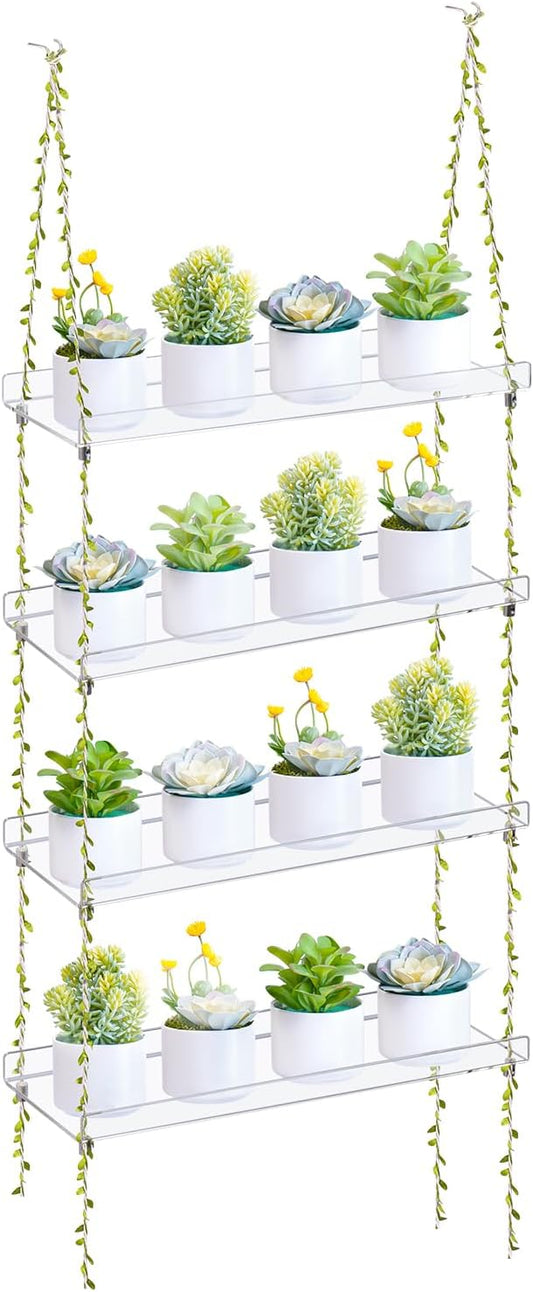 Sumerflos Acrylic Window Boxes Window Plant Shelves 4 Tier - Clear Hanging Shelf Indoor Jute Twine Adjustable Plant Holder for Window Wall Living Room Balcony Natural