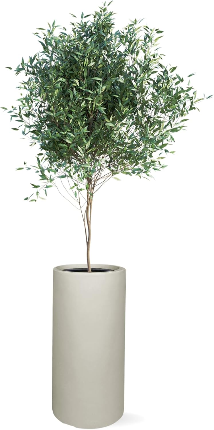 19.5" H x 9.8" D Tubo Fiberstone Cylinder Tall Planter with Drainage Hole, Smooth Finishes, for Indoor and Outdoor Use, Included 2 Extra Coco Mats (Light French Gray, 8.2" Pot Opening)
