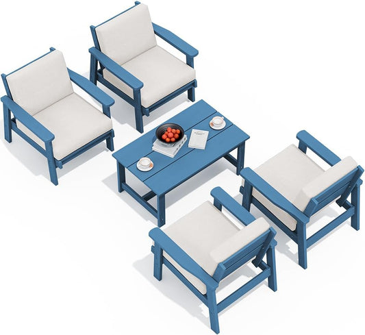 SERWALL Outdoor Patio Furniture Set, 5 Piece HDPE Patio Conversation Sets, All-Weather Wood-Like Outdoor Couch Loveseat and Coffee Table with Thick Cushions for Porch Balcony Garden Backyard