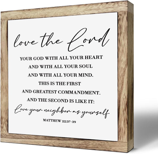 Scripture Sign - Matthew 22:37-39, Love Your Lord - Wooden Plaque, Farmhouse Table Decor, Christian Gift