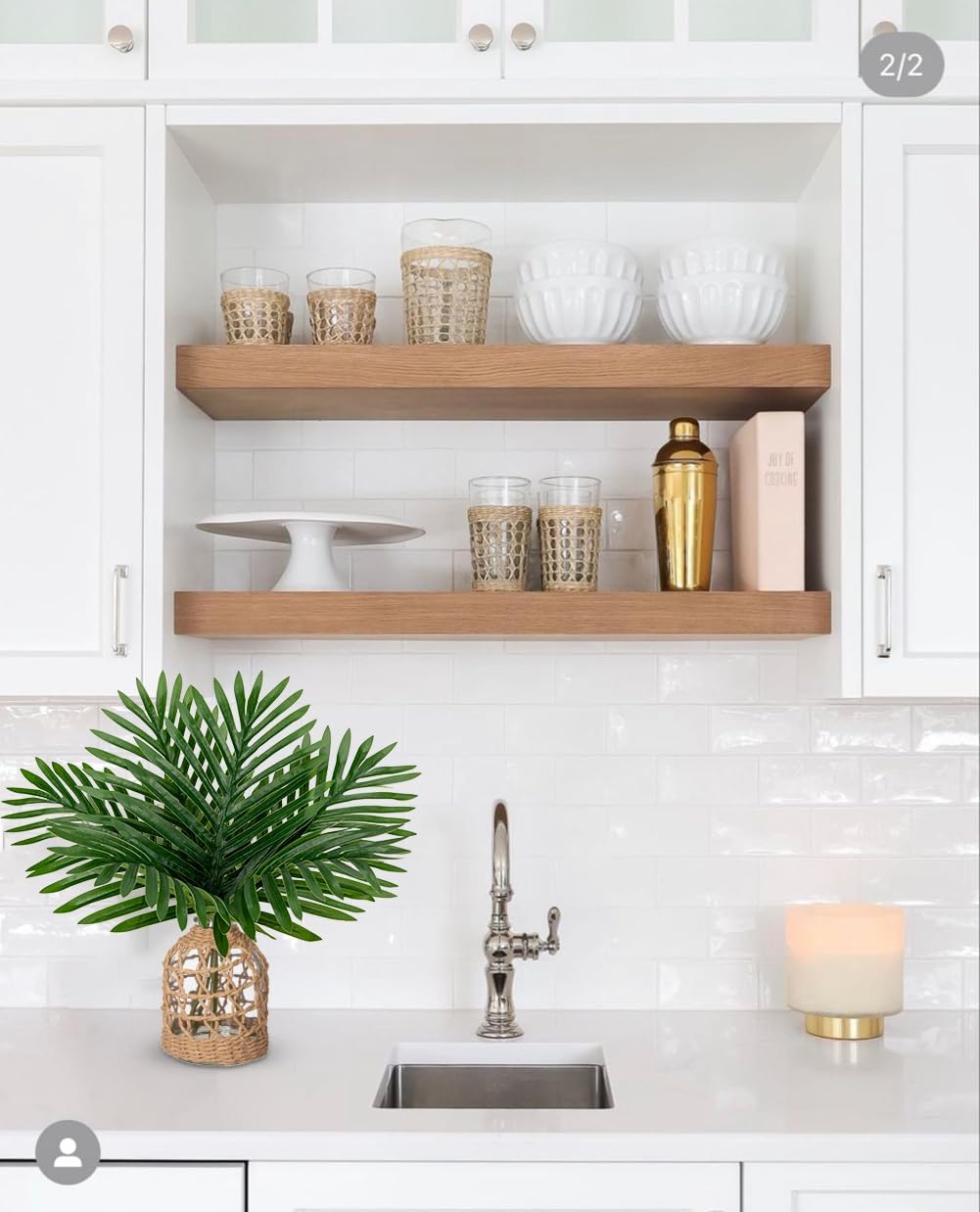 Fake Plants 14.2" Faux Palm Plant in Glass Vase, Realistic Tropical Fake Palm House Plants Artificial Palm Leaves Greenery Stems for Home Bathroom Office Farmhouse Balcony Shelf Centerpiece Décor