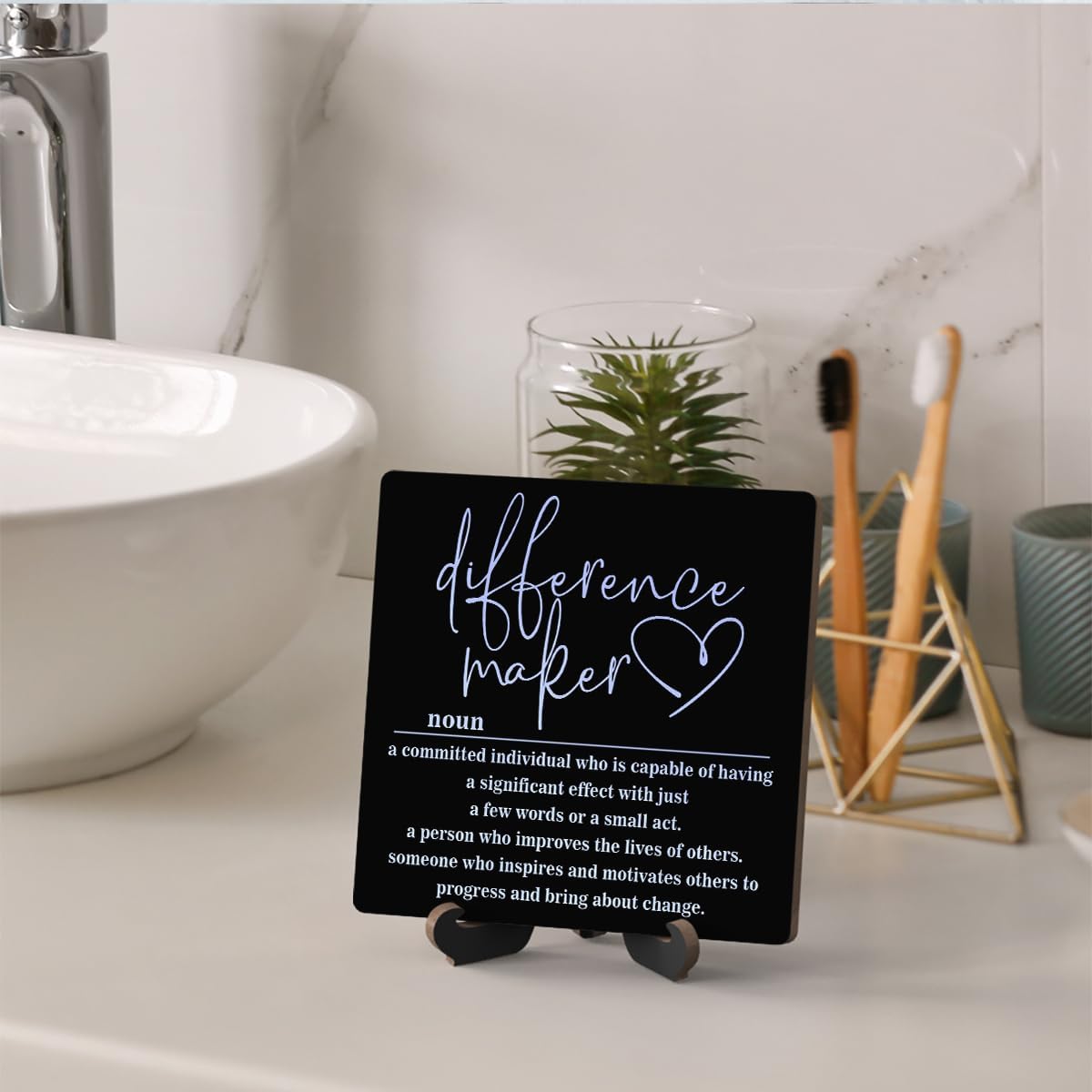 Wooden Table Sign Office Decor Difference Maker Definition Desk Decor Wood Plaque With Stand Thank You Gifts for Boss Women Best Mom Coworker Teacher Office Desk Accessories(Black)-C04