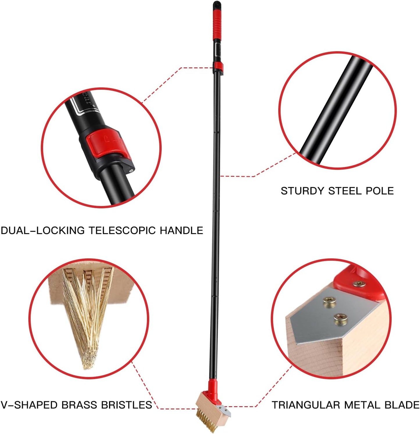 Moss Remove Brush with Long Handle(53IN), Deck Crevice Cleaning Tool, Weed Remover with Wire Brush & Metal Blade, Crack Moss Remover for Pavement Driveway Patio Sidewalk Paver(3 Brush Heads)