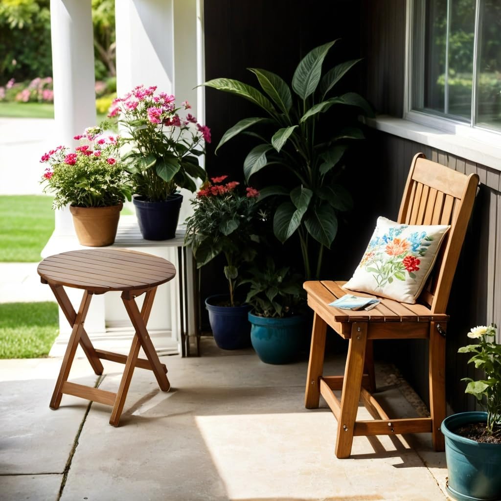 Small Round Folding Side Table Set of 2, Patio Foldable Wooden Outdoor End Tables for Indoor Porch Camping Living Room Bedside Couch, as Coffee Table or Plant Stand, Brown