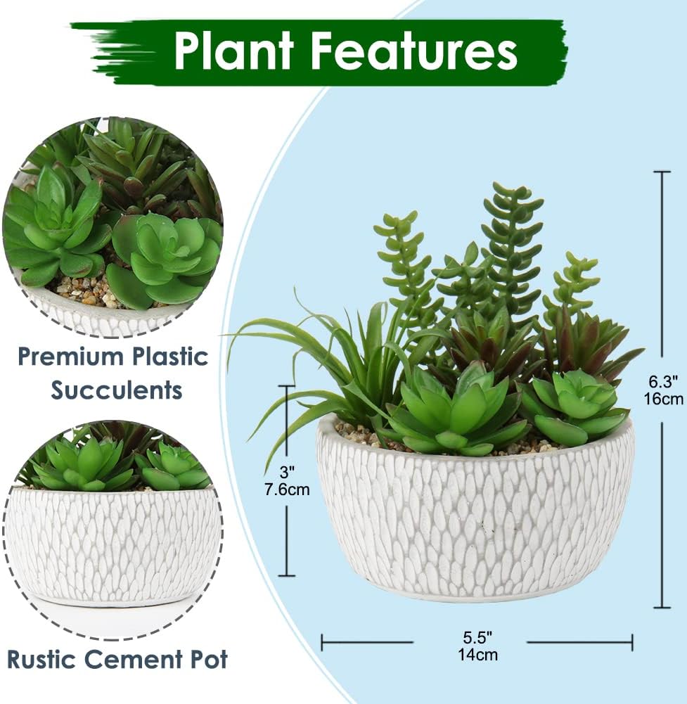 Briful Small Fake Plants Assorted Faux Succulents in Pots Realistic Succulents Plants Artificial with Cement Pots for Home Table Office Desk Bathroom Shelf Living Room Decor
