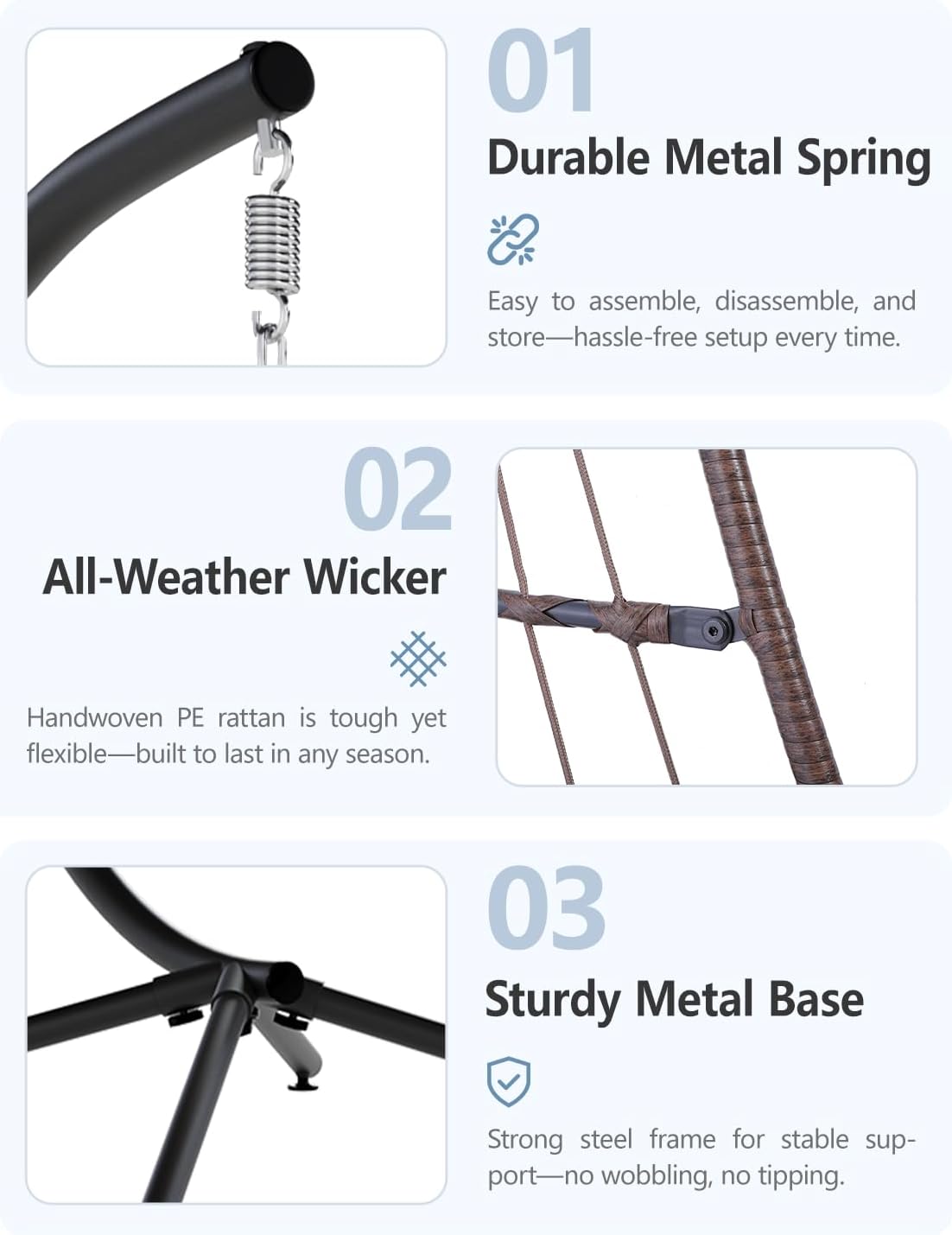 SWITTE Egg Chair Outdoor with Stand, Indoor Wicker Hanging Egg Swing Chair with Cushion, 350lbs Capacity for Patio, Bedroom, Garden - Brown