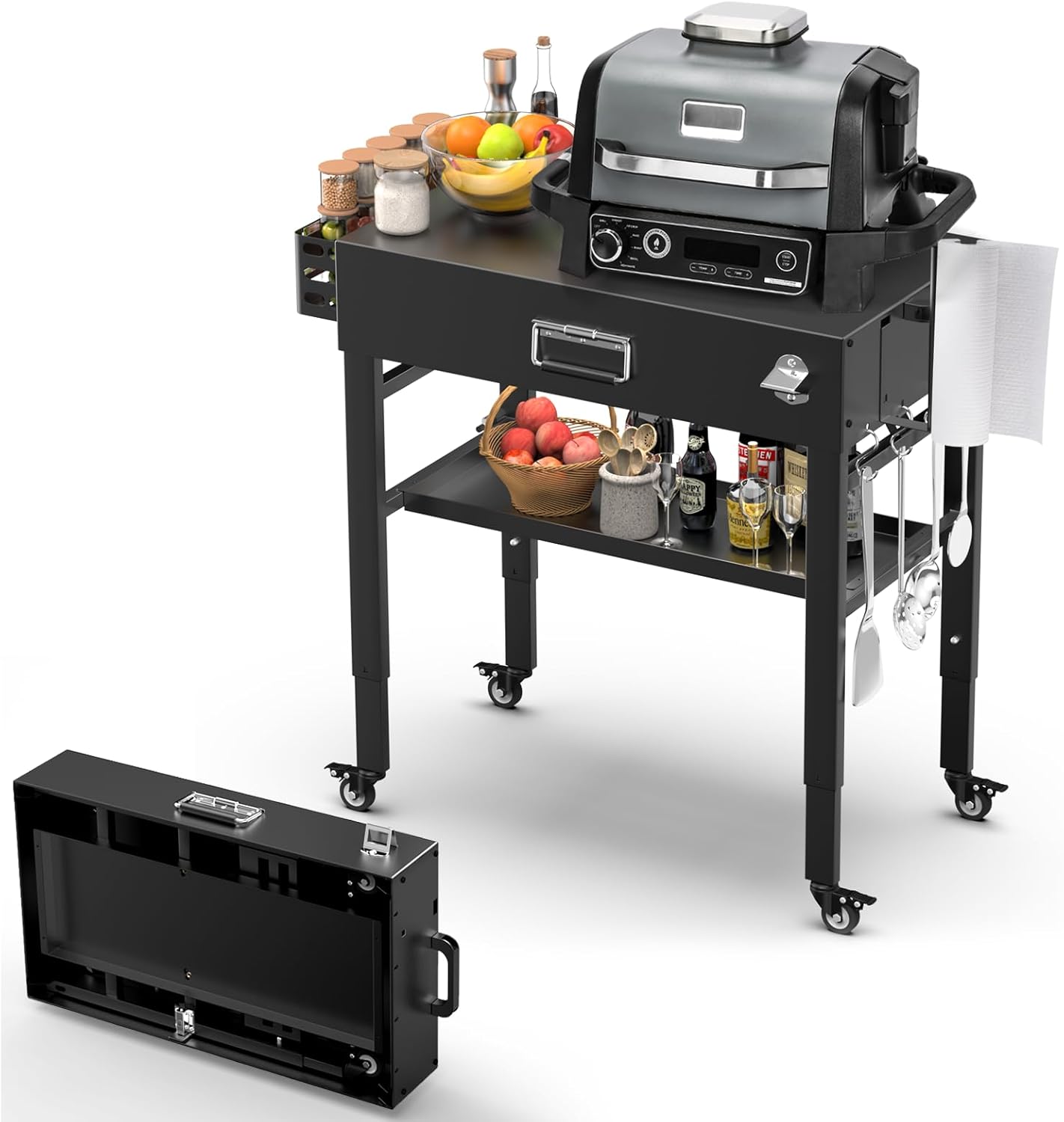 28" and 34" Upgrade Height & Quick-Fold Portable Grill Cart for Ninja Woodfire (OG700 Series), MO201 OO101 Pizza Oven, Blackstone 17"/22" Griddle – Outdoor Ninja Grill Stand with 4 Swivel Wheels