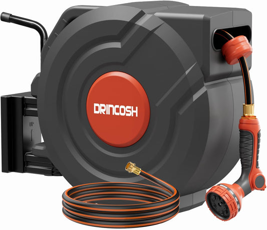 Upgraded Retractable Garden Hose Reel 1/2" x 155 ft Pro 180° Swivel Metal Bracket Automatic Retract Heavy Duty Hose Reels Wall Mount Any Length Lock 9 Pattern Nozzle Garden Watering