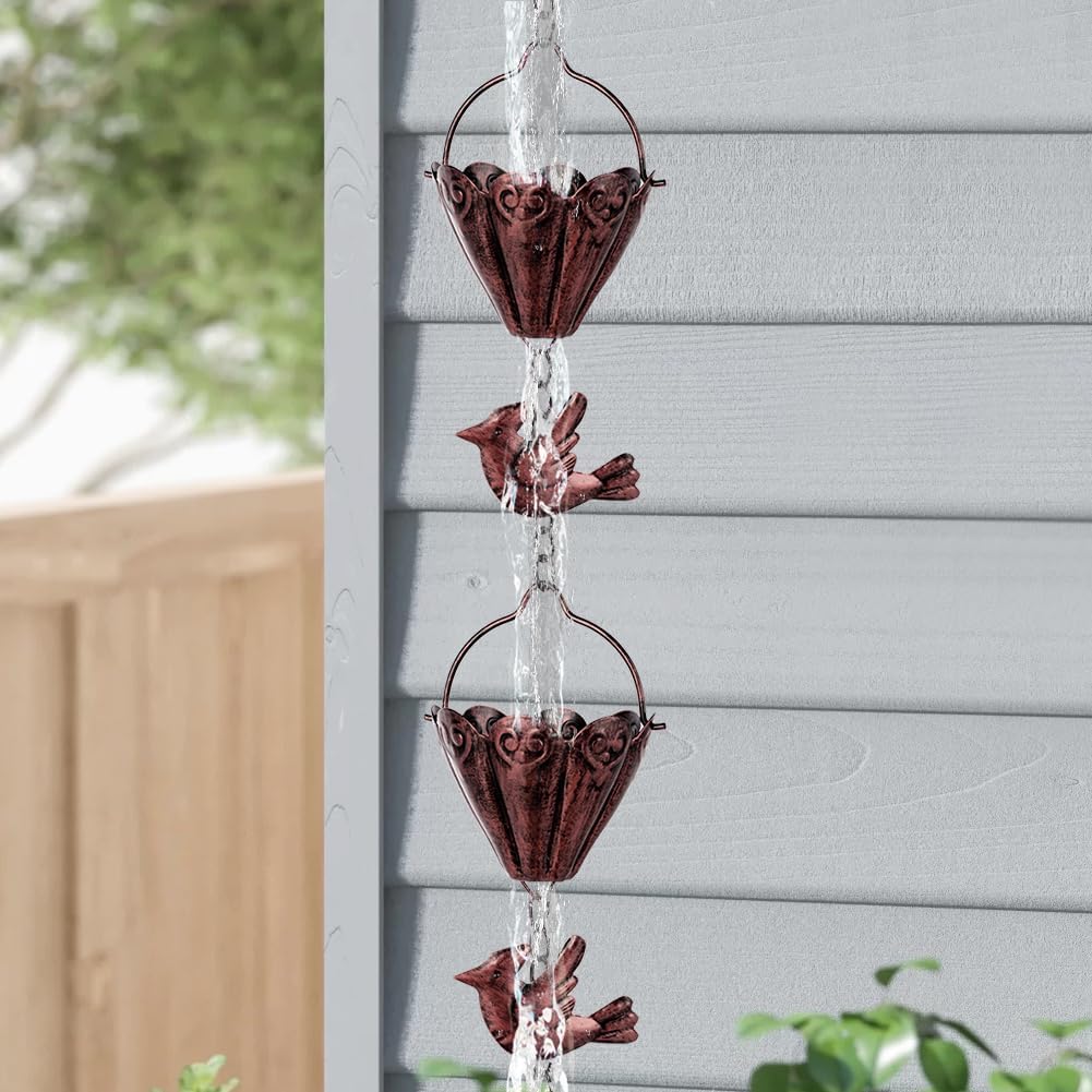9.3 FT Rain Chain, Metal Rain Gutter Chains with 12 Cups & Detachable Hummingbird Decor, Adjustable Rain Catcher Chain with Bell for Outdoor Decor, Replacement for Downspout