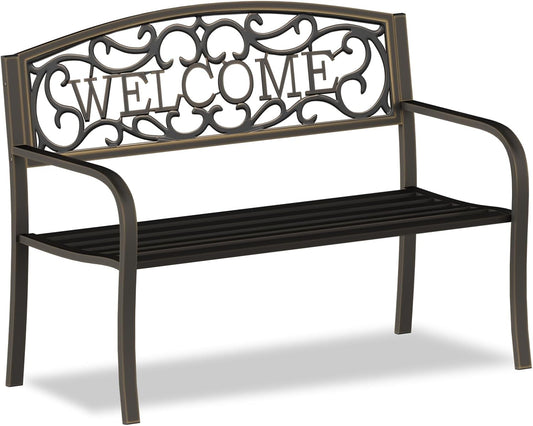 On Shine 50'' Patio Garden Bench, Loveseats Patio Park Bench,Black Steel Cast Iron Frame Bench,Metal Bench Outdoor for Porch Yard Lawn Deck (Bronze-Welcome)
