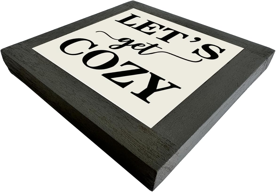 Inspirational Wood Signs, Box Wood Plaques Desk Décor, Farmhouse Home Decor Sign for Shelf, Family Table Decor for Kitchen Bedroom Dining Room, Living Room Decor, Housewarming Gift, Let's Get Cozy C