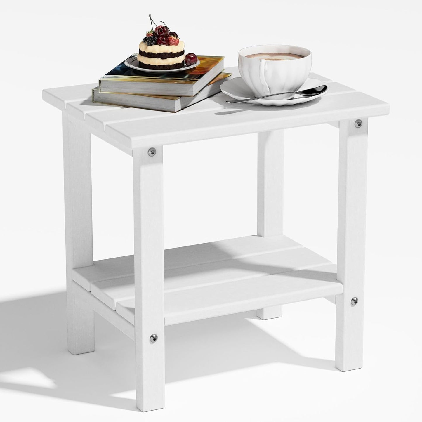 Outdoor Adirondack Side Table, 2-Tier Storage Patio Side Table, Weather Resistant Patio End Table for Backyard & Pool, Durable HDPE Small Outdoor Table (White)