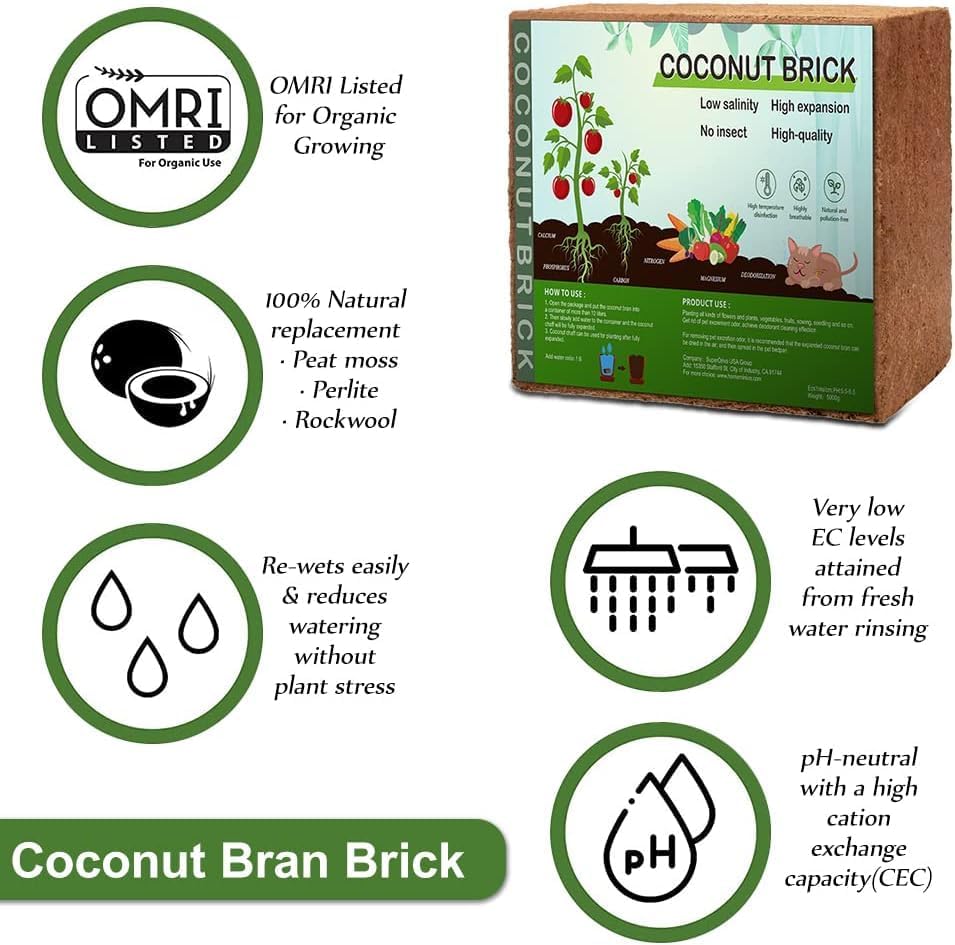 Premium Coco Coir Brick, 11Lbs High Nutrient Compressed Coconut Soil, OMRI 100% Organic Low EC & PH Balanced Potting Soil for All Plants Gardening, Hydroponics and Reptile Substrate 2-Pack