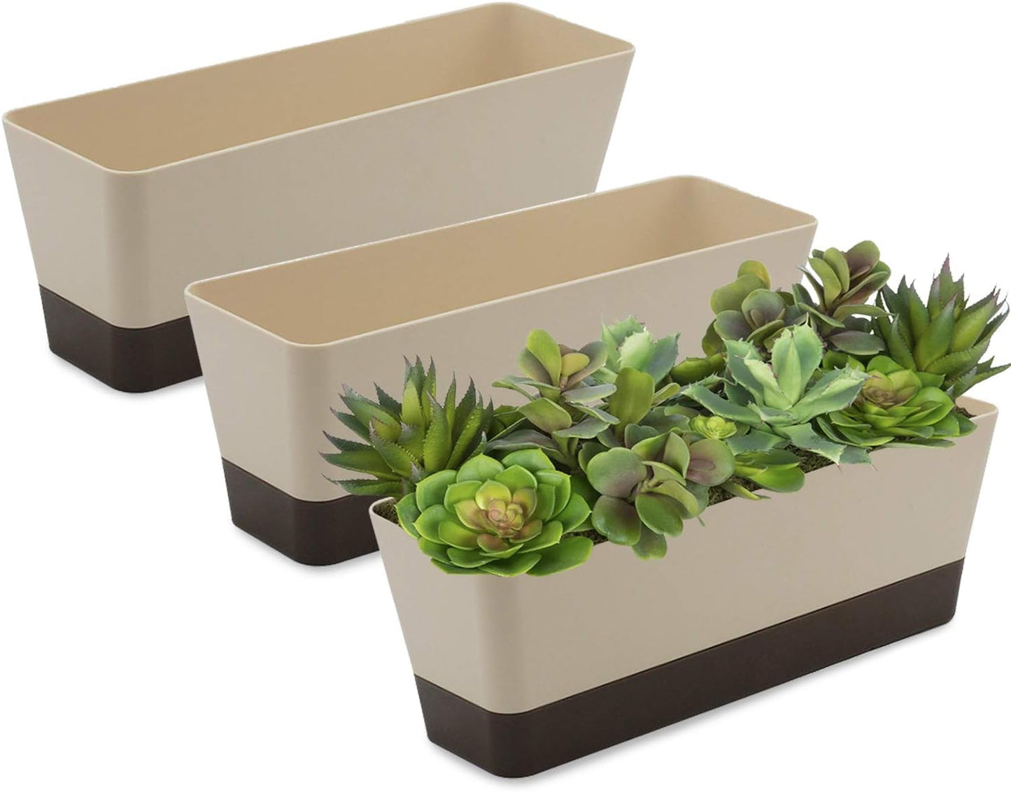 Lainrrew 3 Pack Window Box Planters, 12 Inches Rectangular Planter Plastic Flower Box Plant Pots Plant Containers with Tray for Balcony, Windowsill, Garden, Home Office Outdoor Decoration (Coffee)