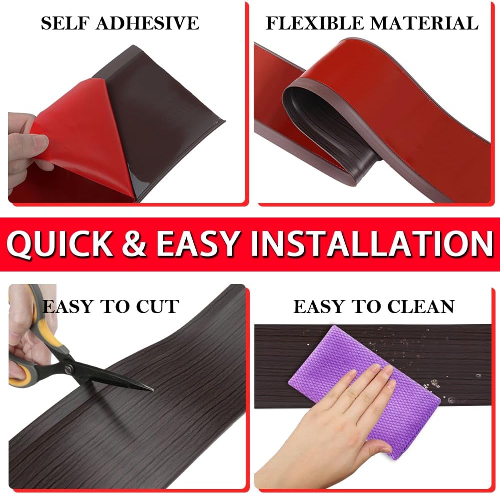 FONUNO Vinyl Wall Base Baseboard Molding Trim 4" Flexible Self Adhesive Rubber Wall Base Moulding Trim Peel and Stick Design, 4 Inch x 40 Feet, Black Walnut Wood Grain