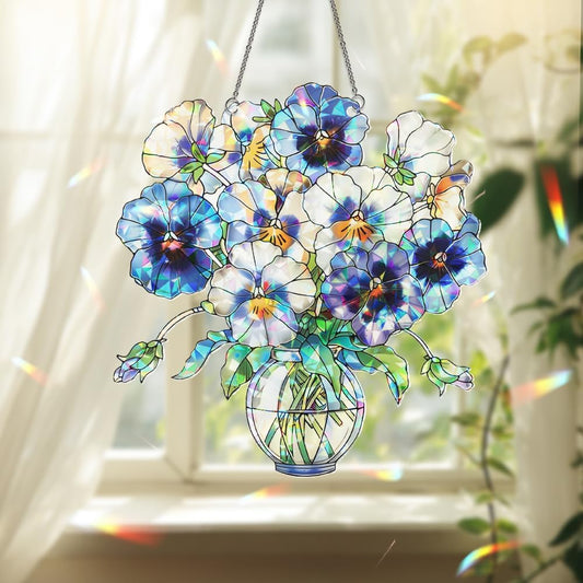 Acrylic Pansy Vase Suncatcher – Window Hanging Flower Ornament, Sun Catchers for Windows, Handmade Floral Home and Garden Decor Gift, Gift for Plant Lovers