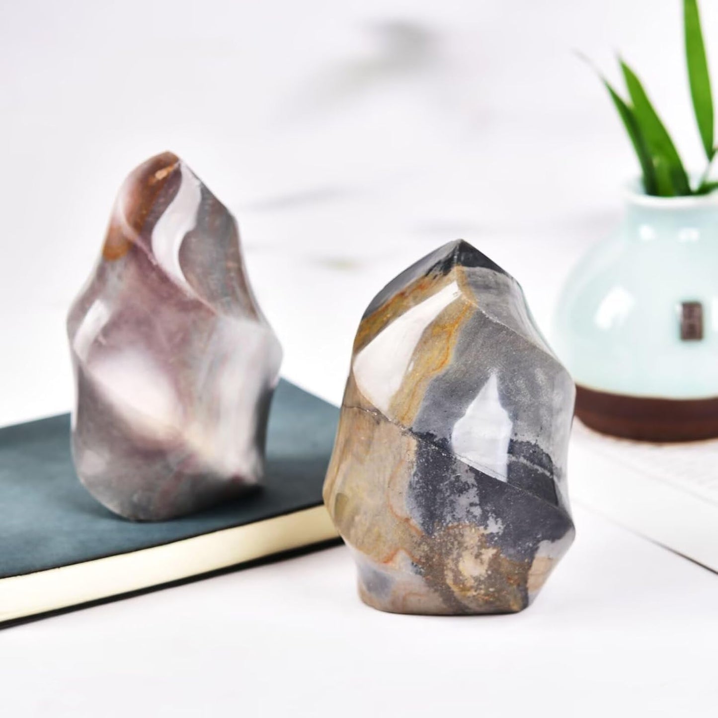 AMOYSTONE Polychrome Jasper Flame Shaped Stone Towers Obelisk Natural Healing Crystal Quartz Reiki Energy Decoration Home Office 1.0 Pound