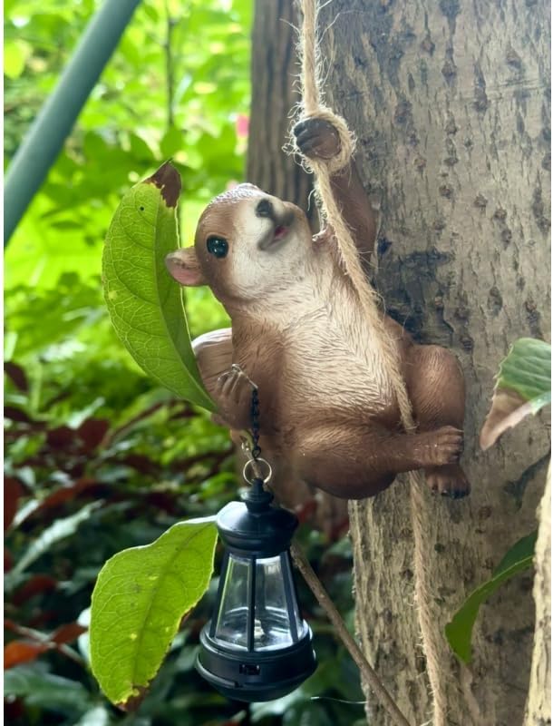 Squirrel Garden Decor Outdoor Statues Resin Climbing Twine with LED Light Waterproof Hanging Animal Figurine for Garden Wall Balcony Tree Decoration Gift