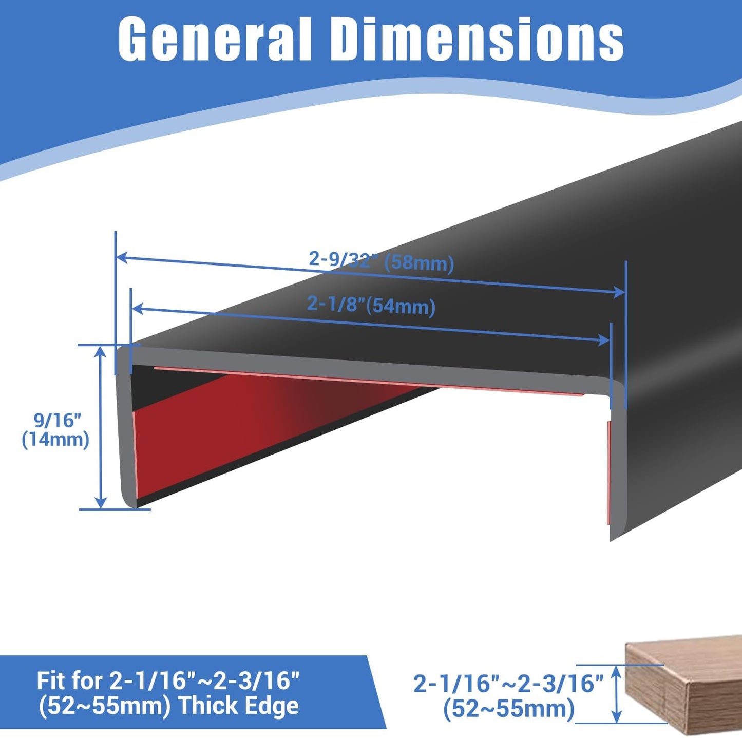 Rubber Edge Trim, Self-Adhesive U Shaped Edge Protector for Plywood, Cabinet, 2-1/8" Wood Edge Banding, Flexible Furniture Repair, EPDM Material, Fit 2-1/8"(54mm), Length 20Ft, Black