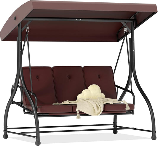 3 in 1 Porch Swing Chair with Adjustable Canopy Cover & Replacement Cushions, 3 Seat Patio Swings Bed with Heavy Duty Stand for Outdoor Backyard, Pools, Garden, Brown