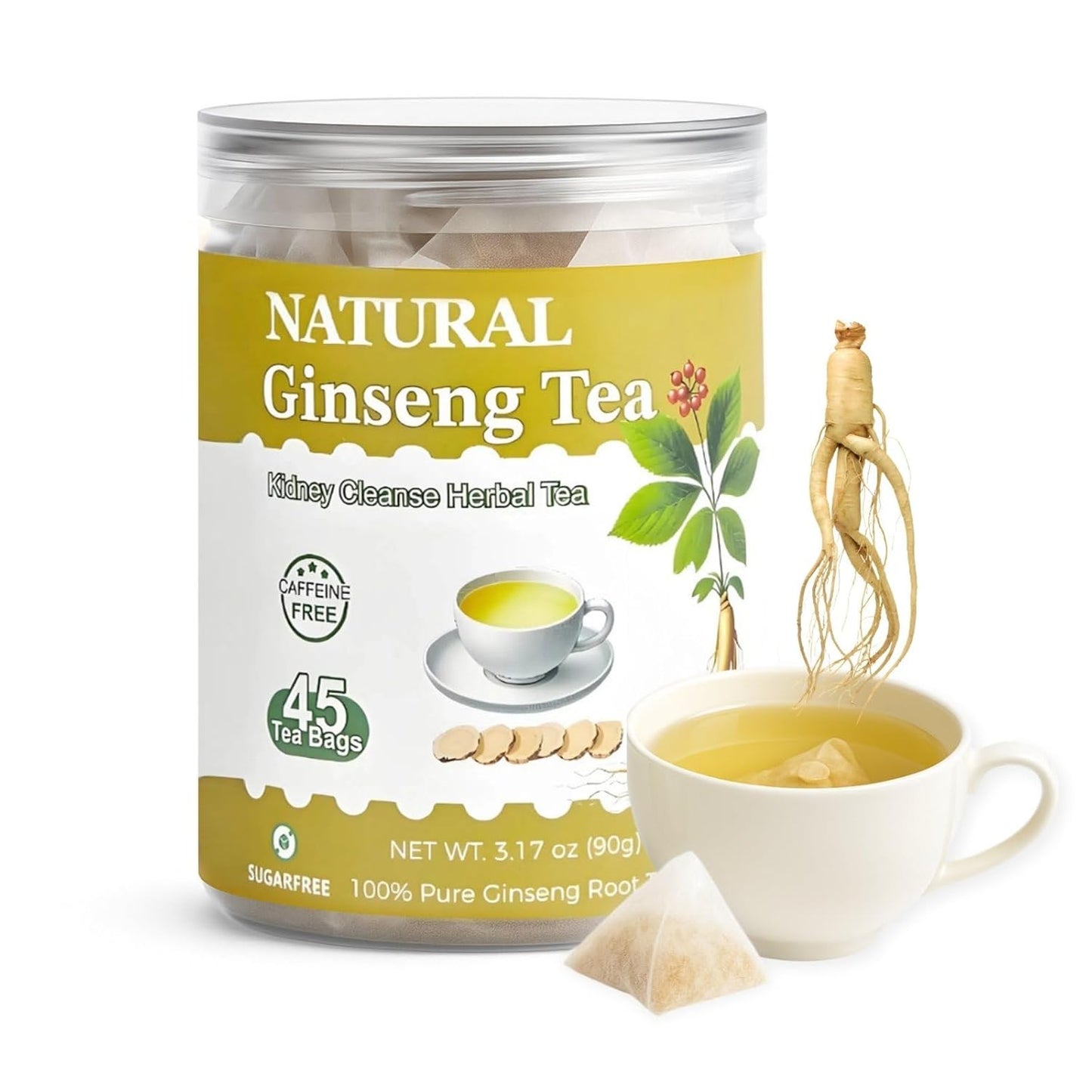 Ginseng Tea Bags – 45 Count | Natural Kidney Cleanse Detox & Repair Tea for Men & Women | Herbal Ginseng Root Tea for Kidney Health Support | Caffeine-Free