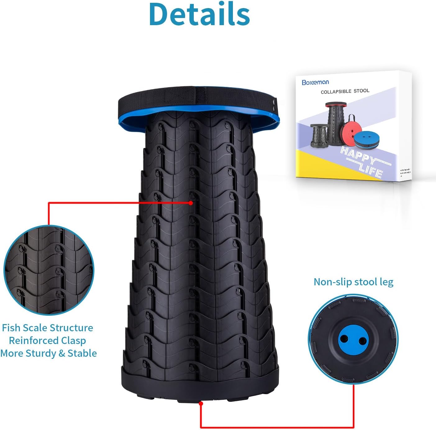 Boreeman Upgraded Folding Stool Lightweight Yet More Sturdy with Load Capacity 400lbs Portable Collapsible Stool for Camping Fishing Hiking BBQ (Blue)