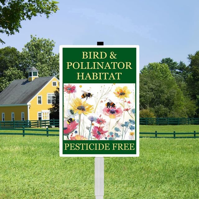 Bird and Pollinator Habitat Pesticide Free Yard Sign With Stakes 8X12 inches Rustproof Reflective Aluminum Pollinator Friendly Garden Sign Stand Bee Outdoor Decor