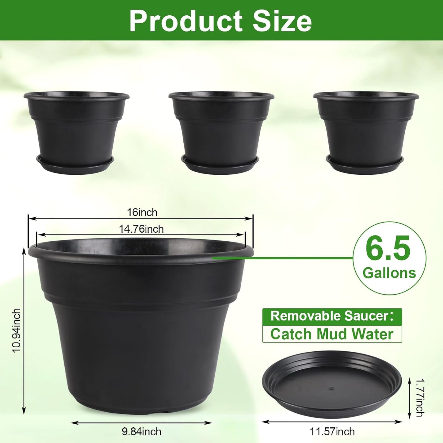 16-inch-Plant-Pots, 4 Pack Large Planters for Outdoor Plants, Plastic Flower Pots Indoor with Drainage Holes & Trays, Classic Garden Pot Container for House