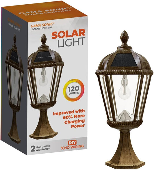 Gama Sonic Outdoor Solar Post Light with Pier Base, Weathered Bronze Finish Aluminum and Beveled Glass, Royal Bulb 150 Lumens Warm White LED, Mount on Column or Flat Surface 98B311, Upgraded Panel