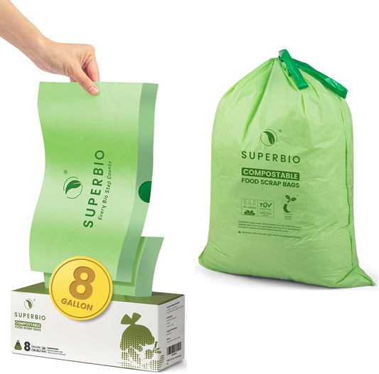 SUPERBIO 8 Gallon Compostable Drawstring Kitchen Waste Bags,30.3 Liter, 30 Count, 1 Mil,Heavy Duty Food Waste Bags, BPI, Seedling and OK compost INDUSTRIAL