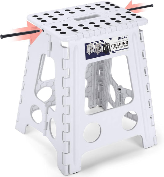 Delxo 16 Inch Folding Step Stool, White Step Stools for Kids Foldable,Portable Collapsible Step Stool with Handle, Folding Stool for Kitchen Bathroom,Bedroom,Garden
