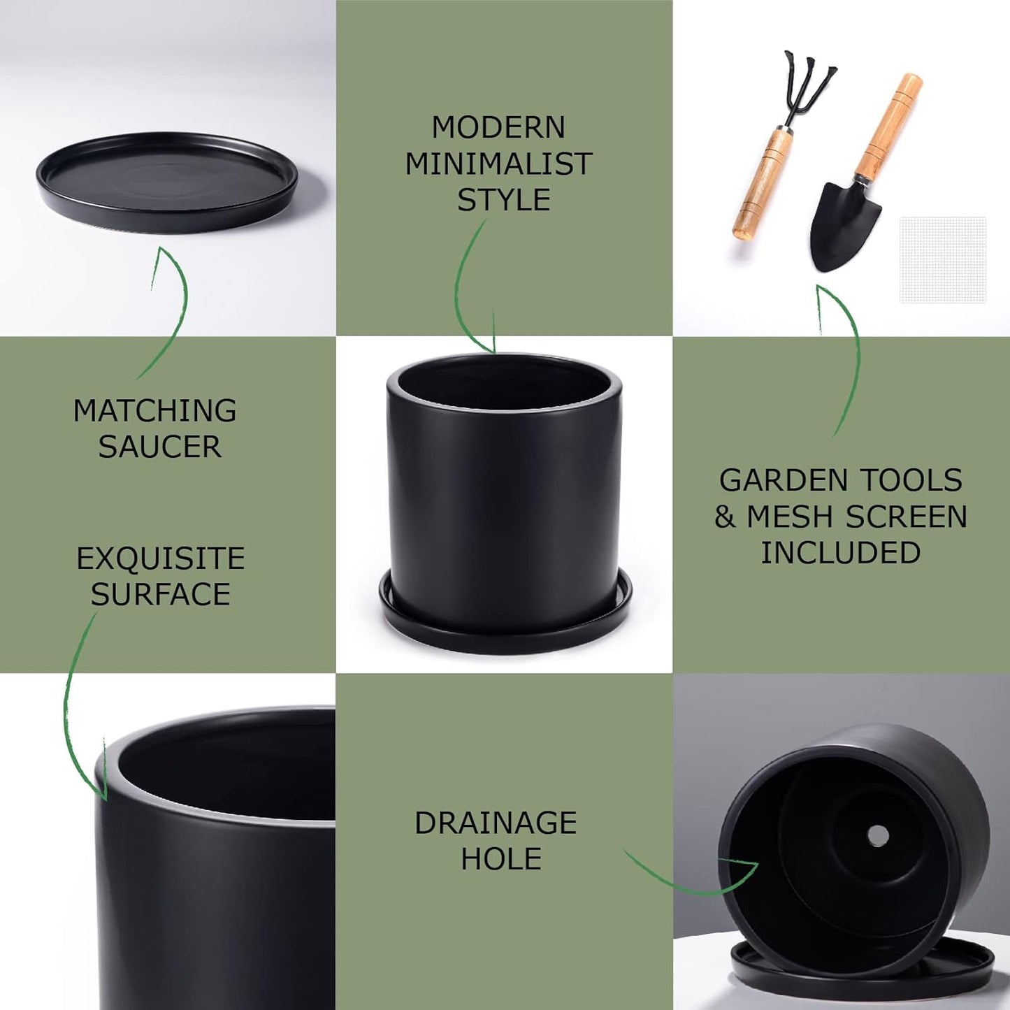 Plant Pots 10 Inch Ceramic Planter with Drainage Hole and Saucer, Matte Black Modern Cylinder Planter Pot for Indoor Outdoor Plants Flowers, Full Glazed Finish