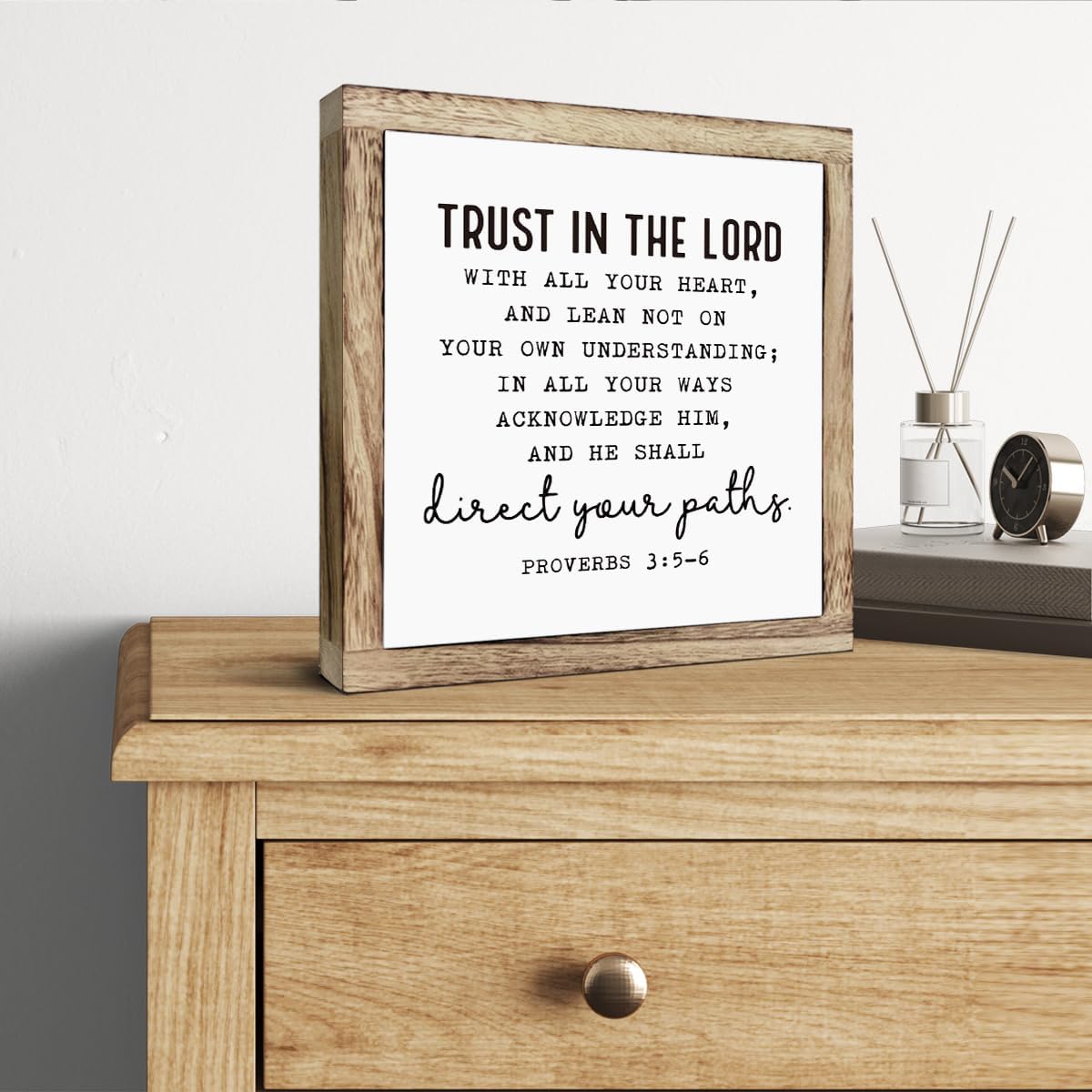 Christian Wooden Plaques Box Signs 9.8 * 9.8, Scripture Desk Decor, Farmhouse Living Room Decor, Proverbs 3:5-6 Trust In the Lord Sign