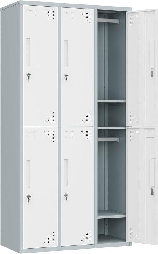 Metal Locker with 6 Doors Employees Locker, Metal Storage Locker with Hooks, 71" Storage Cabinet Lockers for Employees, Home, Office, Gym Requires Assembly (Grey White)