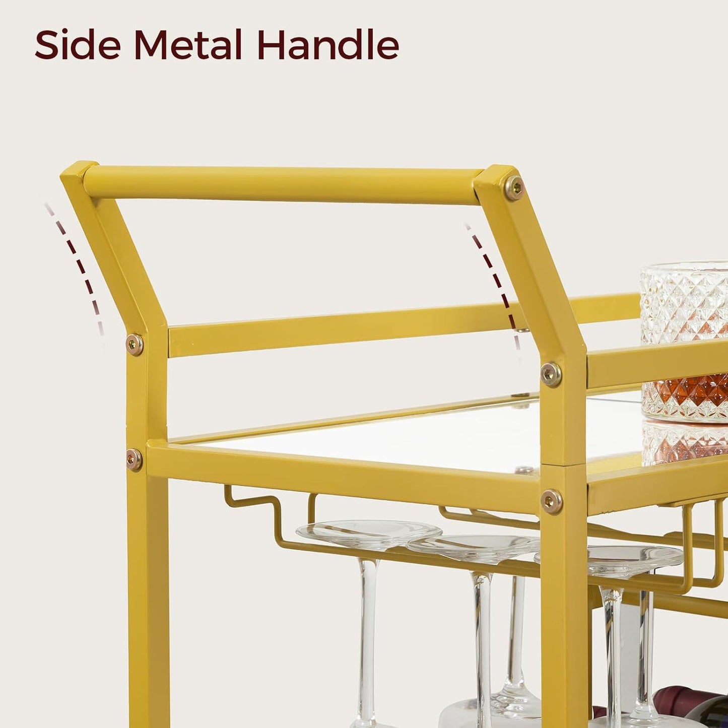 Bar Cart for Home, 3-Tier Serving Cart with Mirrored Top, Beverage Cart with Wine Rack and Glass Holder, Drink Cart with Wheels, for Dining Room, Living Room, Gold and White RCJM7101