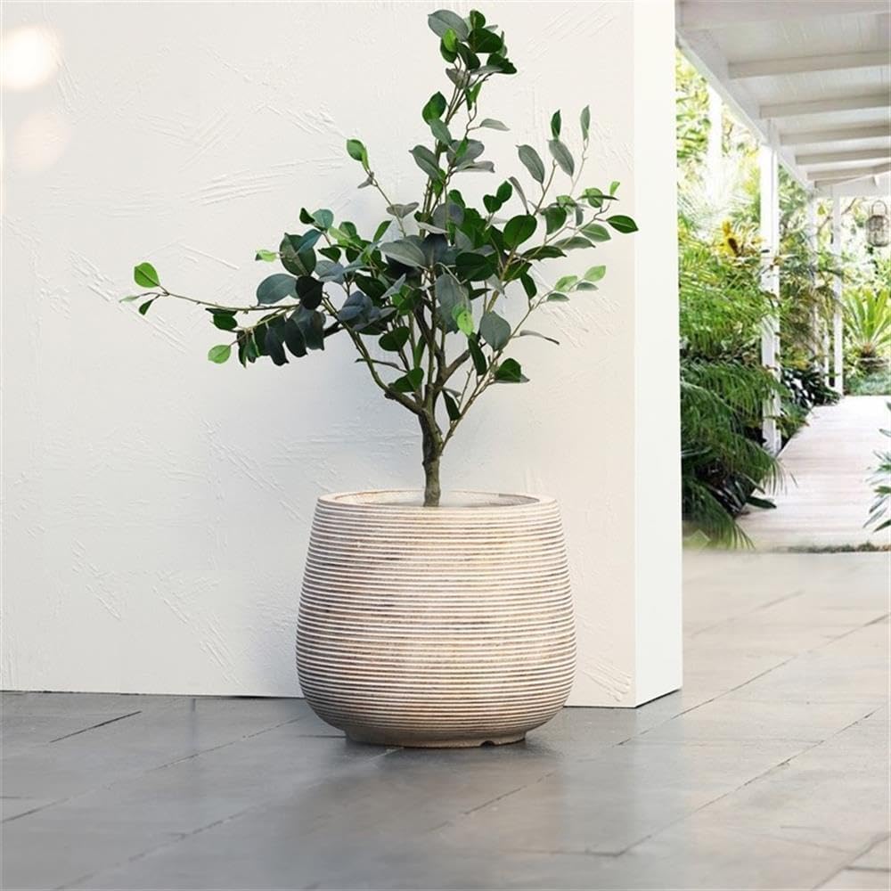 LuxenHome 17" Dia Round Planters for Indoor Plants, Large Outdoor Planters with Drainage Holes, Concrete Distressed Plant Pots Indoor & Outdoor for Home Garden Patio