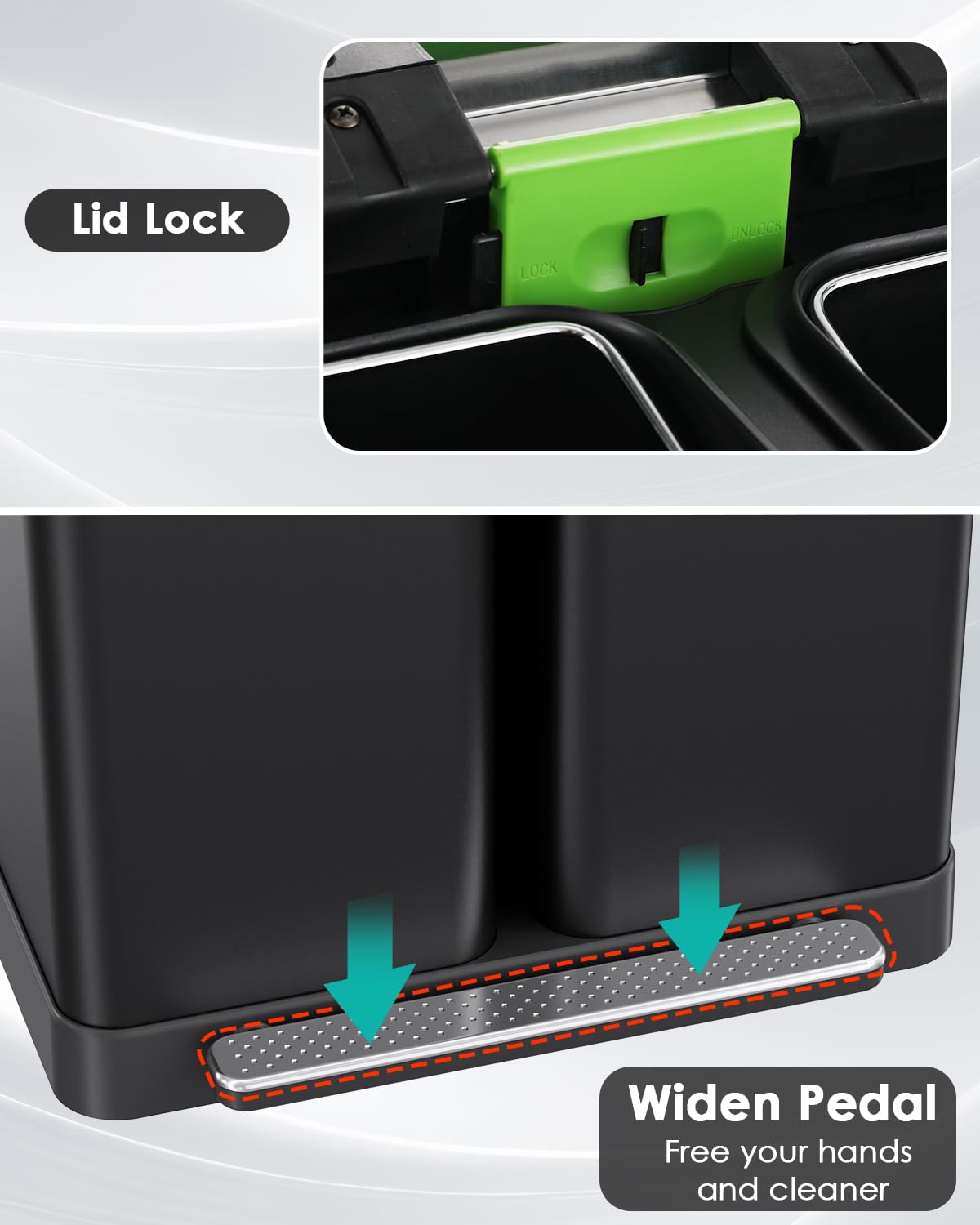 Arlopu 16 Gallon Dual Trash Can, 60L(2x30L) Stainless Steel Kitchen Garbage Can, Step-on Classified Recycle Garbage Bin with Removable Inner Buckets, for Kitchen, Living Room, Office (Black)