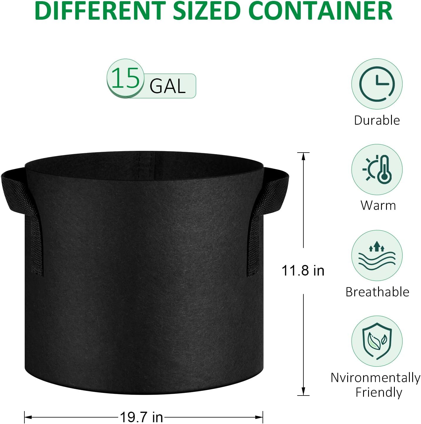 12-Pack 15 Gallon Thickened Non-Woven Grow Bags, Aeration Fabric Pots with Handles（Black）