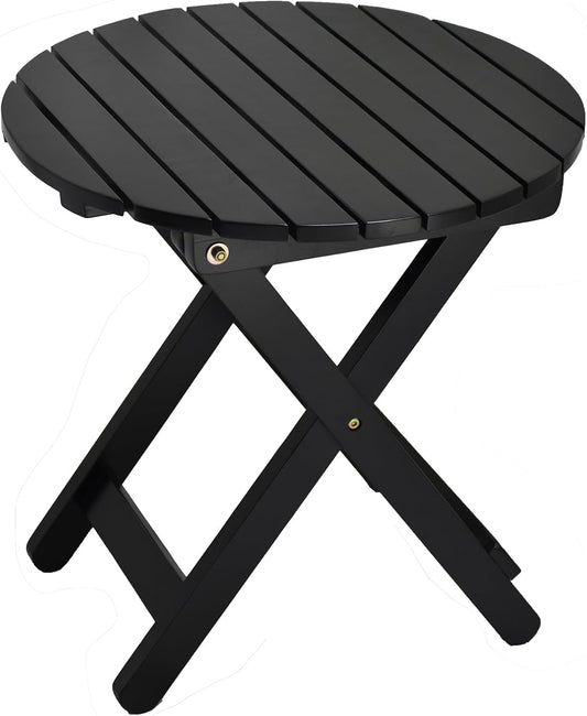 Outdoor Small Round Folding Side Tables, Foldable Wooden End Table for Indoor, Porch, Patio, Camping as Coffee Table or Plant Stand, Black ﻿