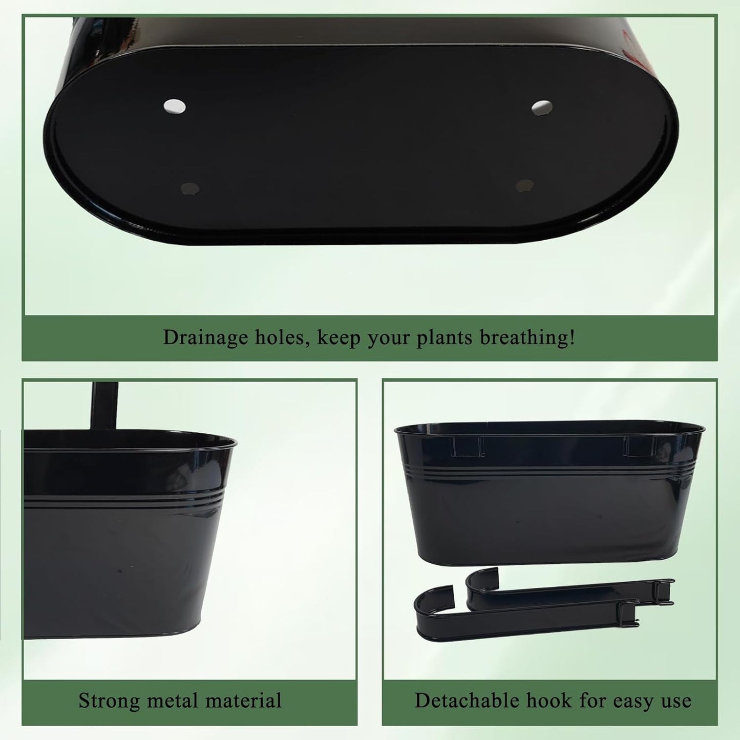 Hanging Planters for Outdoor Plants, 17" Railing Planter Pots, Metal Fence Flower Pot for Porch Balcony with Detachable Hook (Black, Pack of 6)